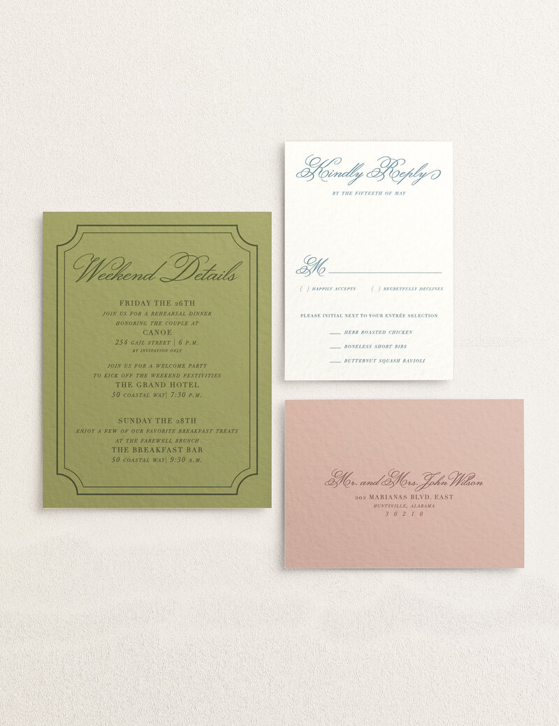 rsvp card, detail card, and response envelope for wedding collection