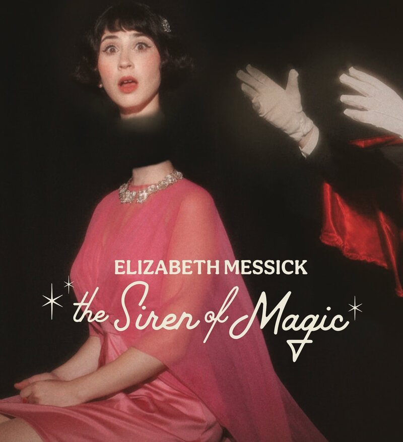female magician with floating head and logo for elizabeth messick the siren of magic