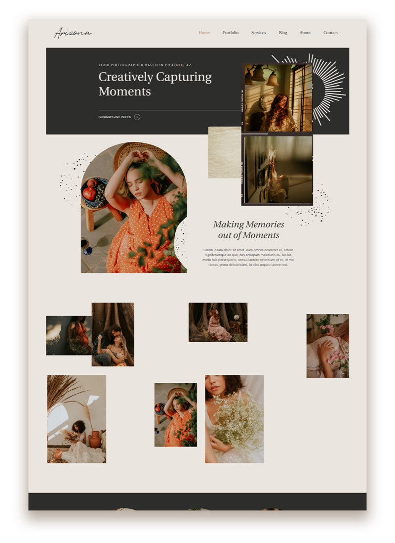 The Arizona Wix Template is the perfect fit for photographers and service-based businesses that value boho style and personal character.