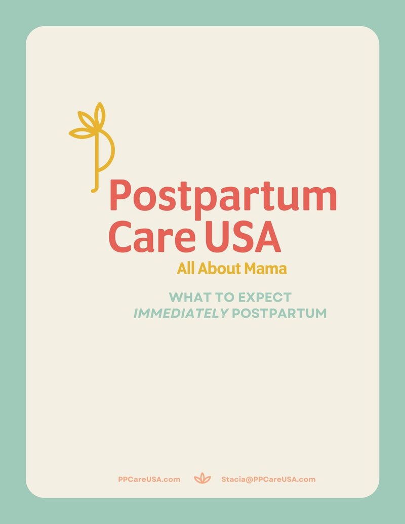 white cover with a blue outline that says "Postpartum Care of Indiana. All about mama. What to expect immediately postpartum"