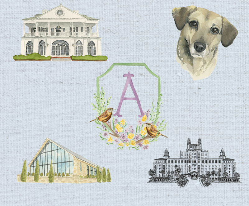 examples of wedding venue artwork, a crest with a monogram, and a dog portrait created by Copper Row Studio