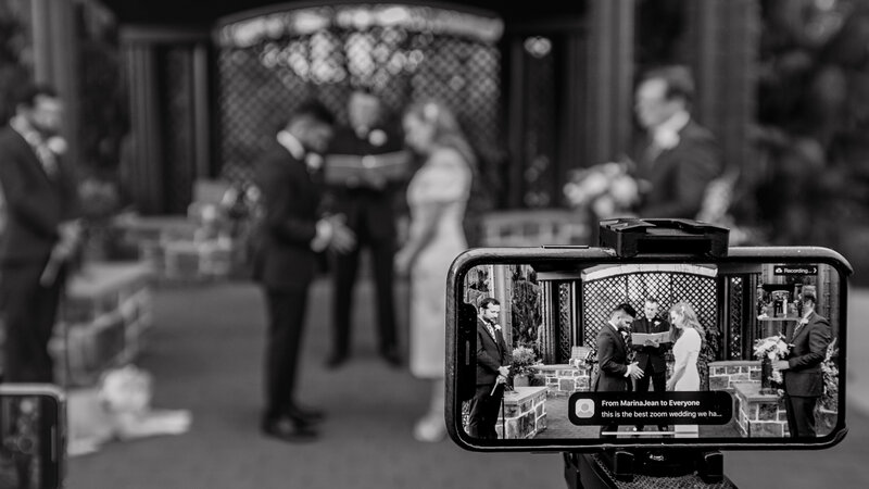 Couple shares their wedding day virtually with loved ones during a Zoom ceremony at the Phoenixville Foundry.