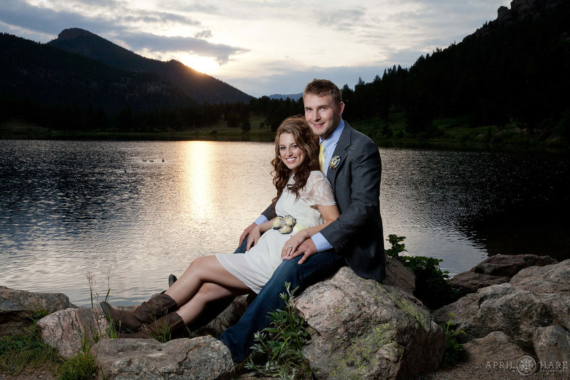 Beautiful elopement photo from a summer wedding at Lily Lake at Rocky Mountain National Park in Colorado