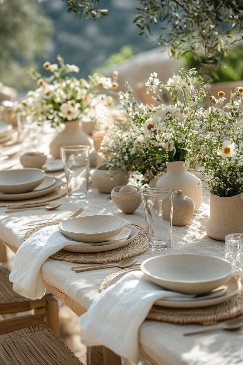 Vineyard rustic dinner party featuring natural stone pottery dinnerware and wild flowers. 