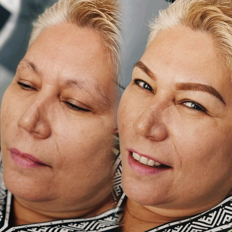 Before and after of a blonde woman showcasing healed permanent eyebrow makeup with fuller shape and natural symmetry.