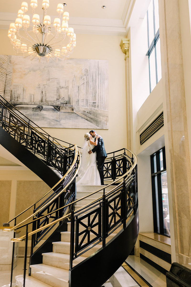 Bride and groom share a first look moment at the beautiful JW Marriott Hotel in Chicago.