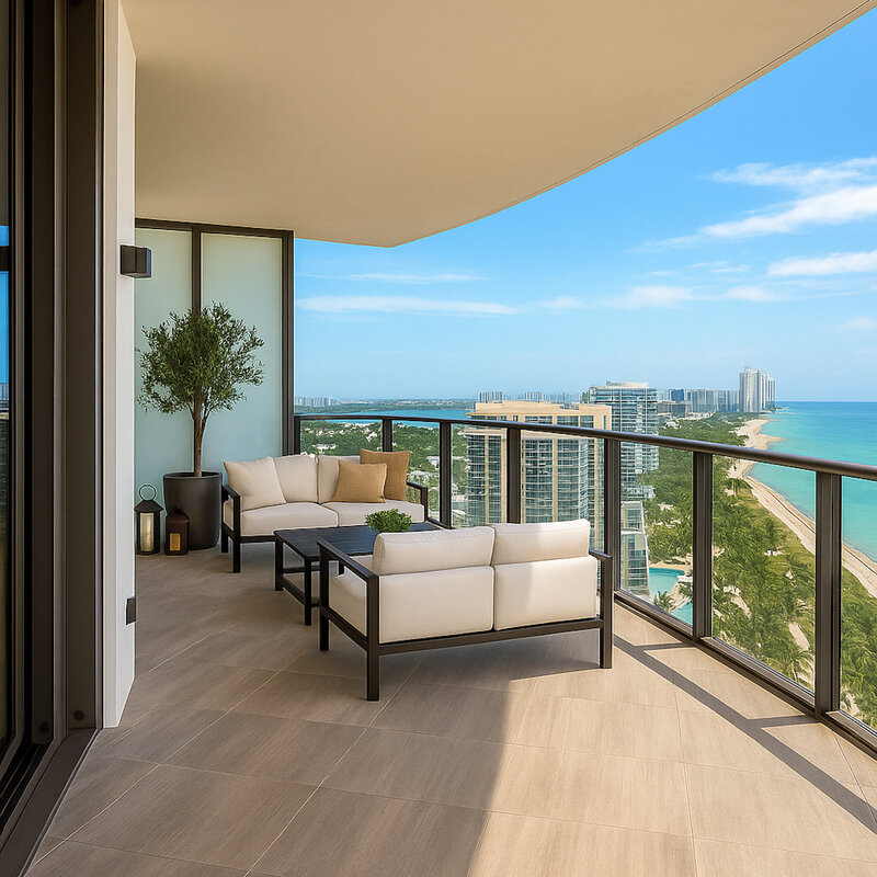 Elegant daytime balcony with modern furniture and panoramic views from St. Regis Bal Harbour penthouse PH-888