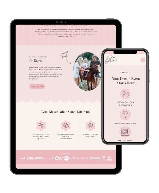 event planner or party planner website template, pastel, feminine on Showit by Daydream Sites