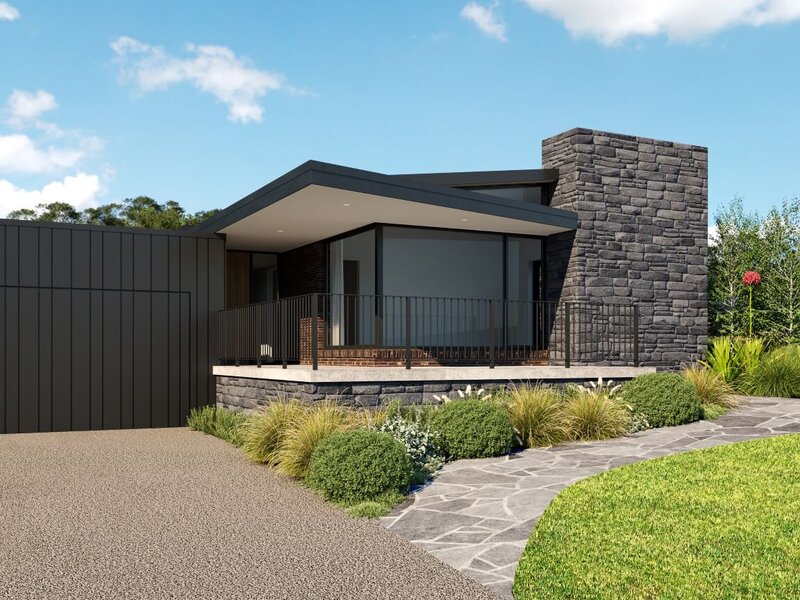 Angled roof building with panelled garage door and stone exterior wall