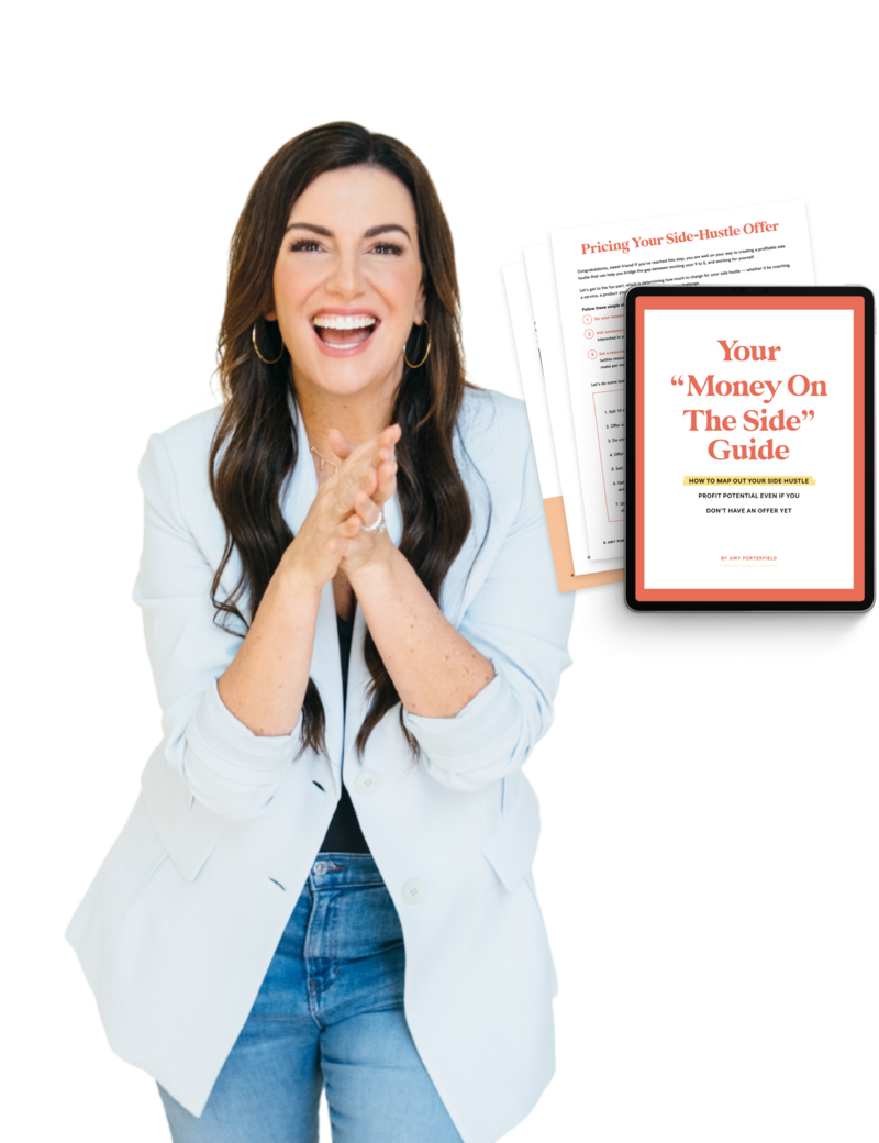 Amy standing next to free guide, Your Money On The Side Guide - side hustle ideas 2023
