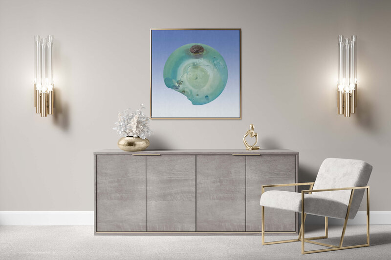 Fine Art Canvas with a gold frame featuring Project Stardust micrometeorite NMM 789 for luxury interior design