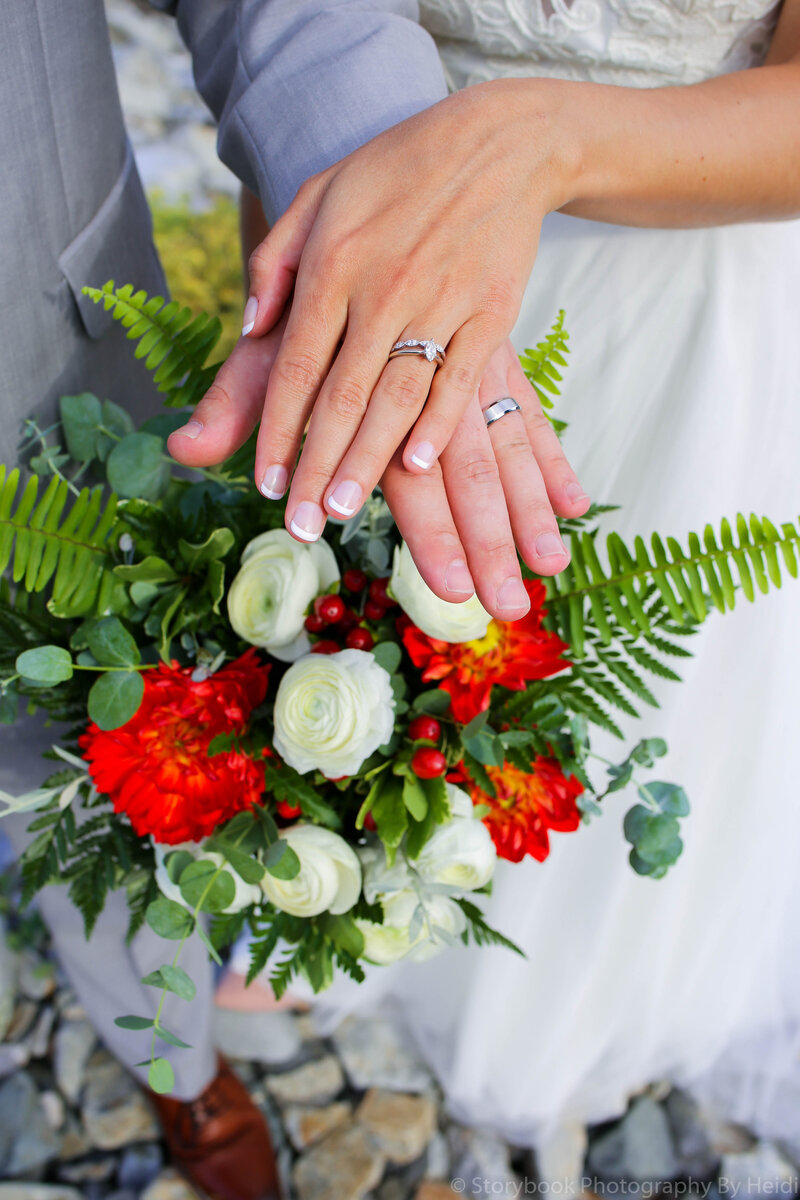 Photo of Bride and Groom's hands (with rings) and bouquet | Bar Harbor Wedding Photography