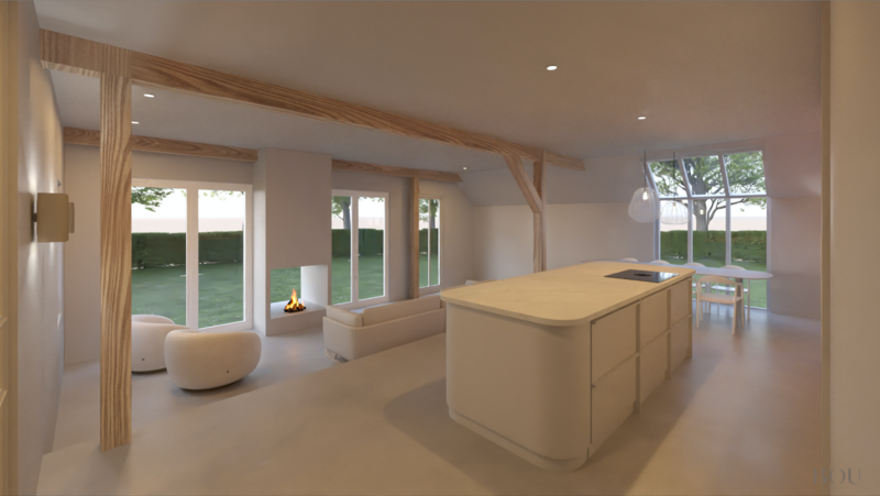 Realistische 3D render van  de keuken en woonkamer  van een woonboerderij in Zuid-Holland, ontwerp door interieurdesign studio BOU Living