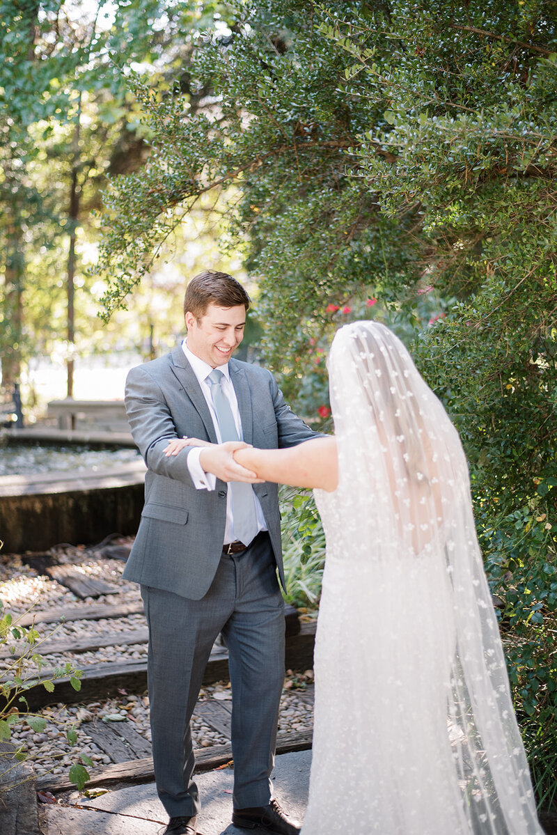 bride and groom during first look