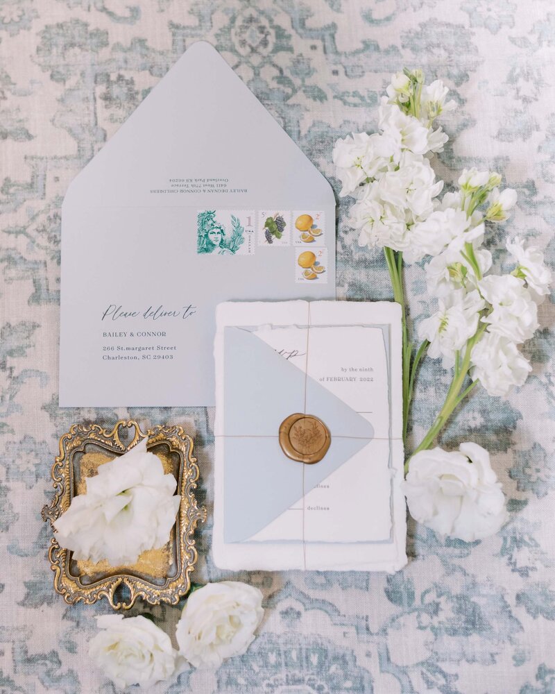 Dominique Alba Studio wedding invitations Brisa pale blue with wax seal