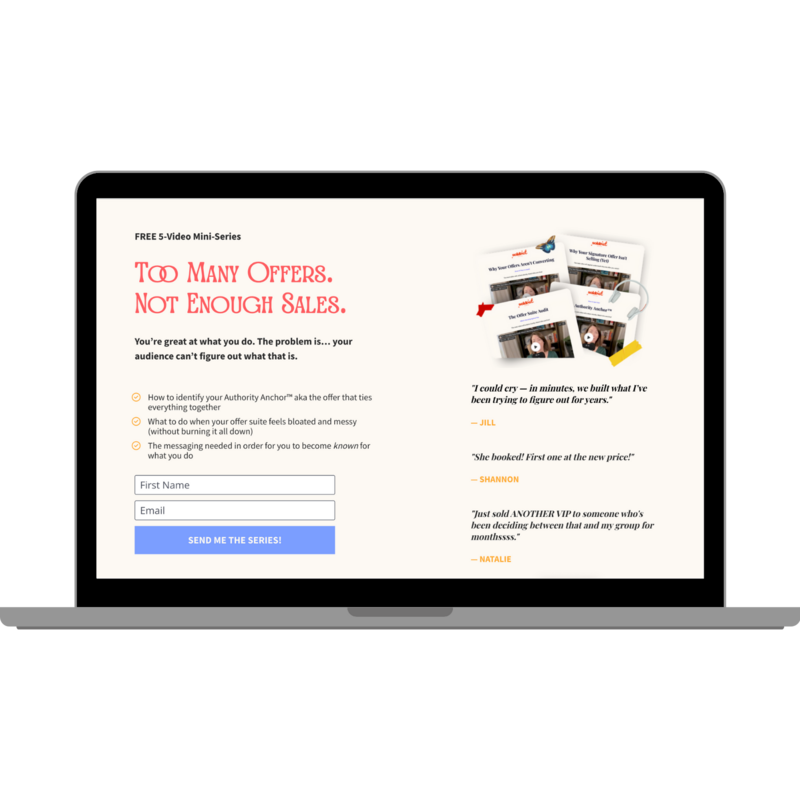 A laptop showcasing the "Too Many Offers, Not Enough Buys" training series. Call to action reads: "Ready to become the one they refer (and remember)?" against a vibrant orange background.