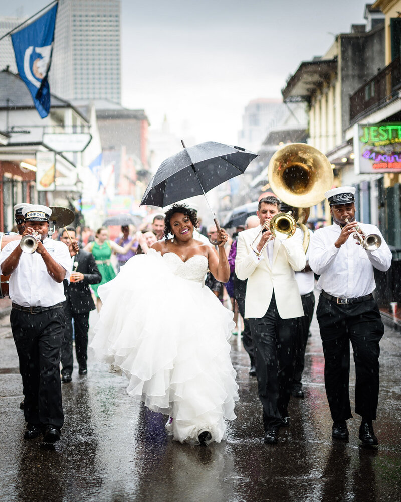 Second line wedding parade in the rain