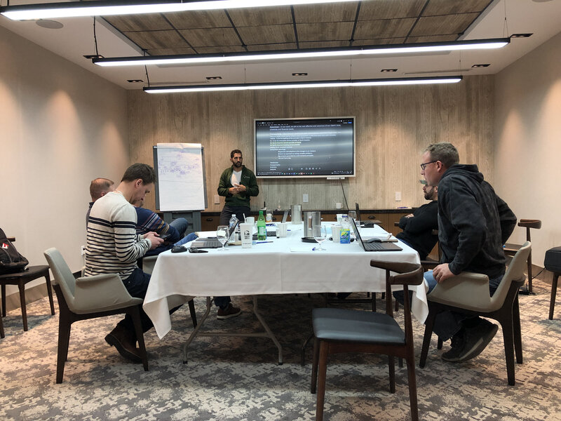 Leadership development session in progress with professionals participating in team discussion