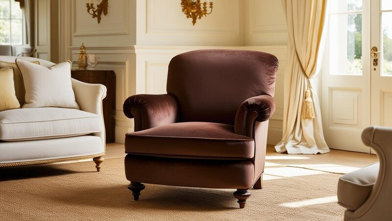 A rich brown velvet upholstered roll-armed chair takes centre stage, complemented by traditional sofas with gold braiding. In the background, classic furniture and antiques add character, while French doors with velvet drapes allow soft natural light to pour in.