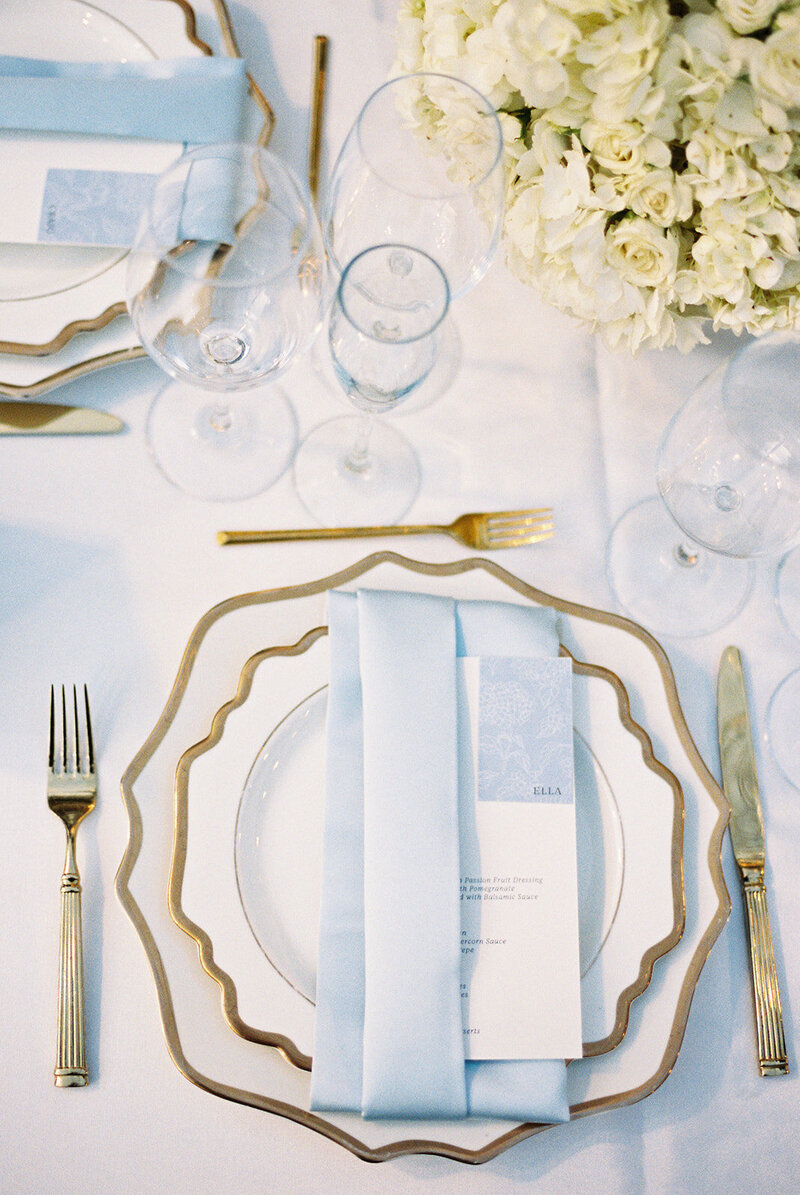 blue wedding menu with floral detail placecard simple and elegant