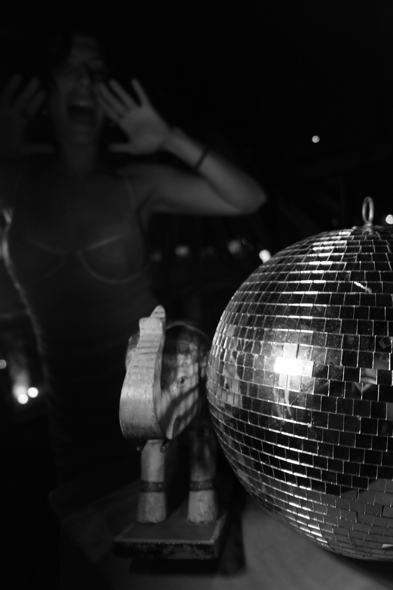 Black-and-white photo of Tristan Thibodeau dancing beside a disco ball, representing bold brand expression and creative energy at Wild Woman Haus®.