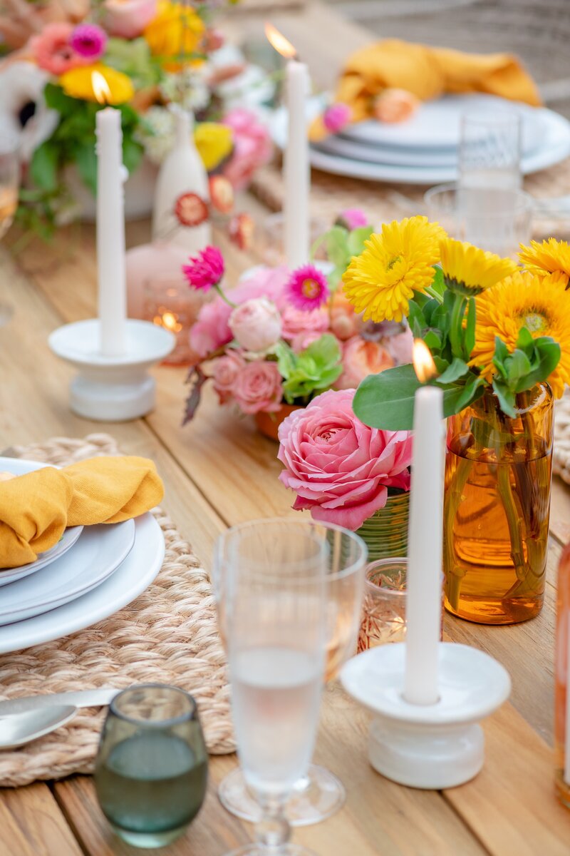 Charming outdoor gathering at a private residence in Montecito. Elegant small-scale florals by Montecito florist Lilla Bello.