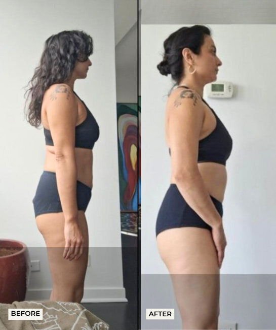 Before and after photos of Ashley, age 54, showing a 22-pound weight loss and improved posture after joining Strong Fit Life.
