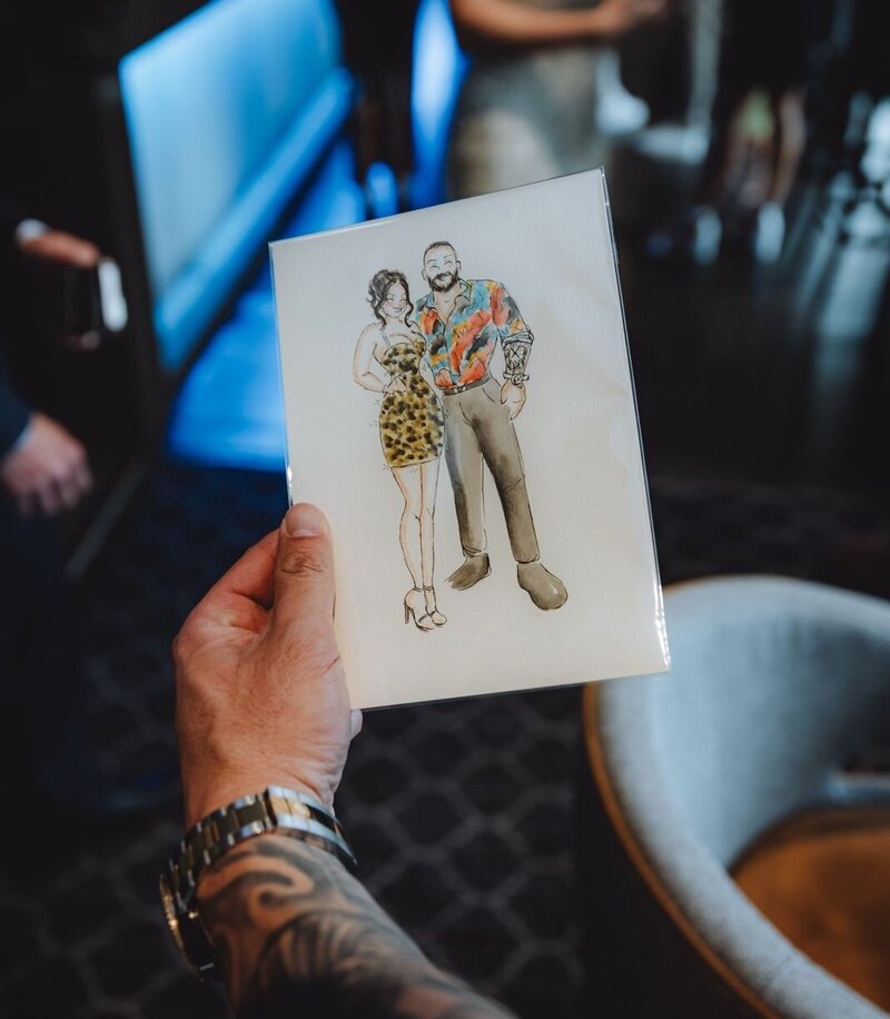 Watercolour man standing besides a gentle lady