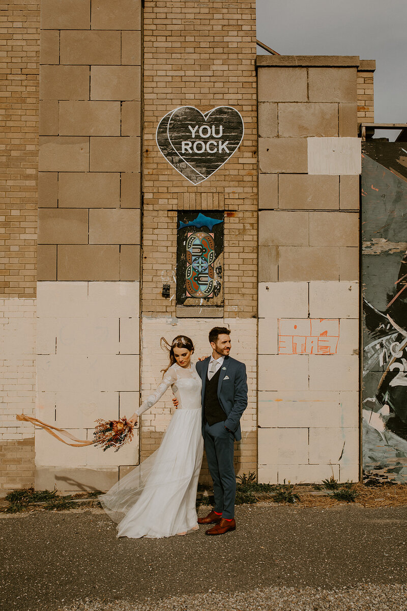 Rustic bride and groom elopement portrait