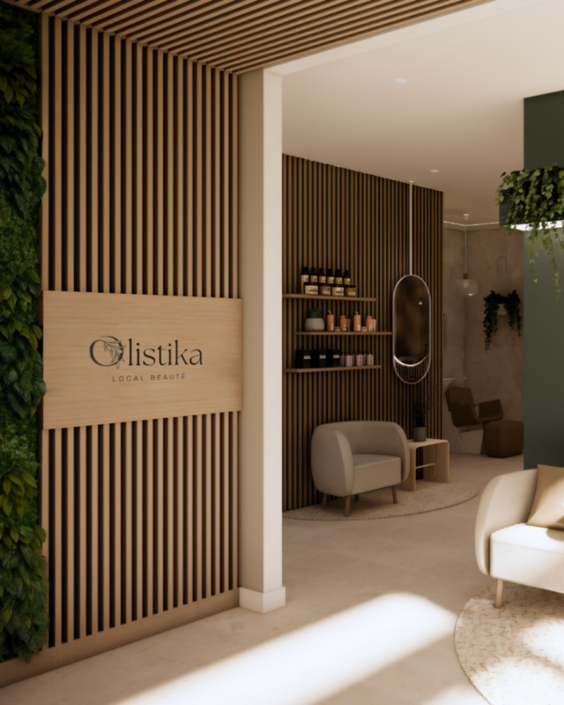 Salon de beauté avec sur le mur le logo Olistika gravé