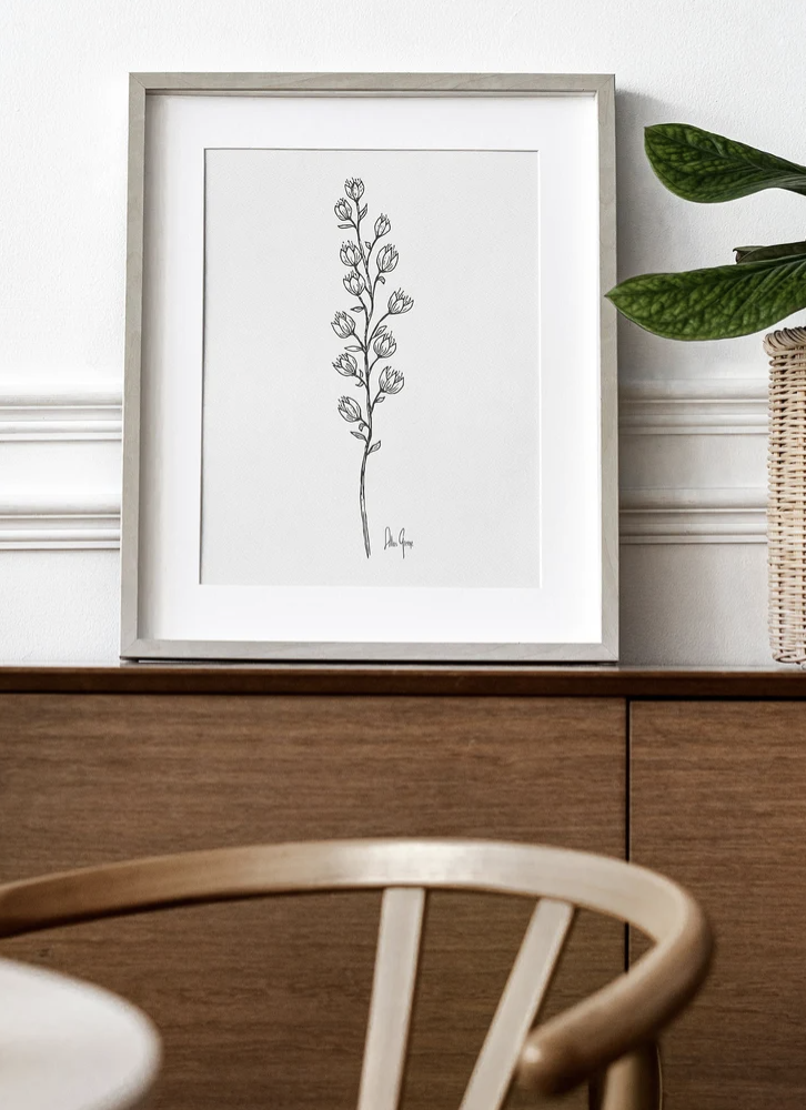 Highly detailed hand drawn flower stem with small delicate blooms by Atlas Greene