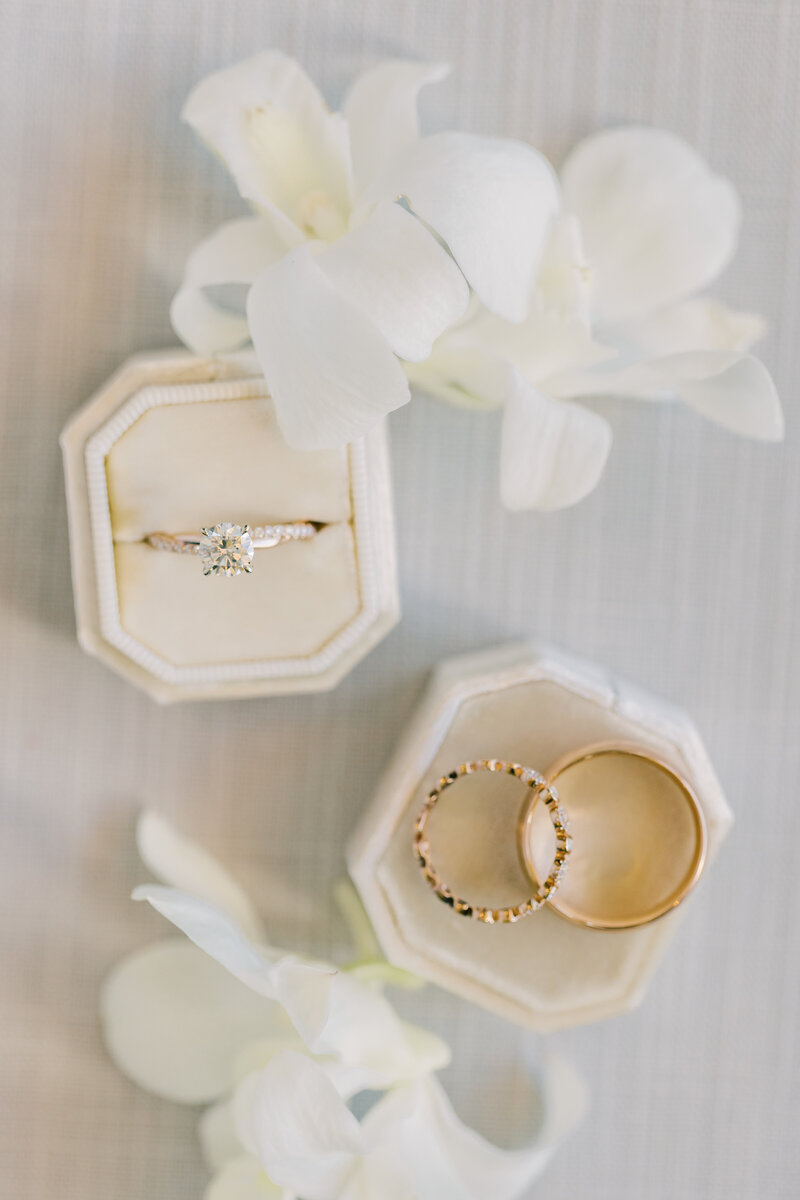 Bride and Groom's rings placed in a ring box surrounded by flowers