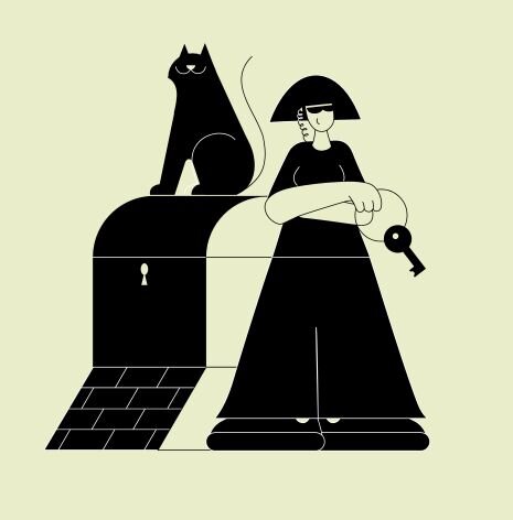 Illustration woman standing proudly with  key next to a locked chest with a cat sitting on top