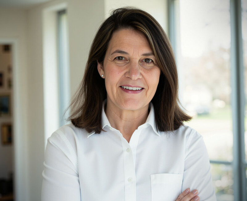 Leslie Hansen smiling in a bright office, wearing a white blouse, arms crossed.