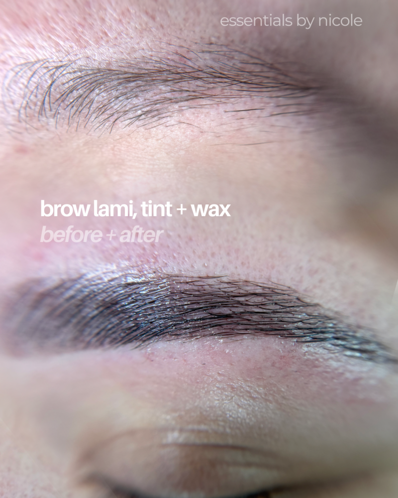 Close-up of brows after shaping, lamination, and tint for a nice fluffy, laminated brow look at Essentials by Nicole in West Springfield MA