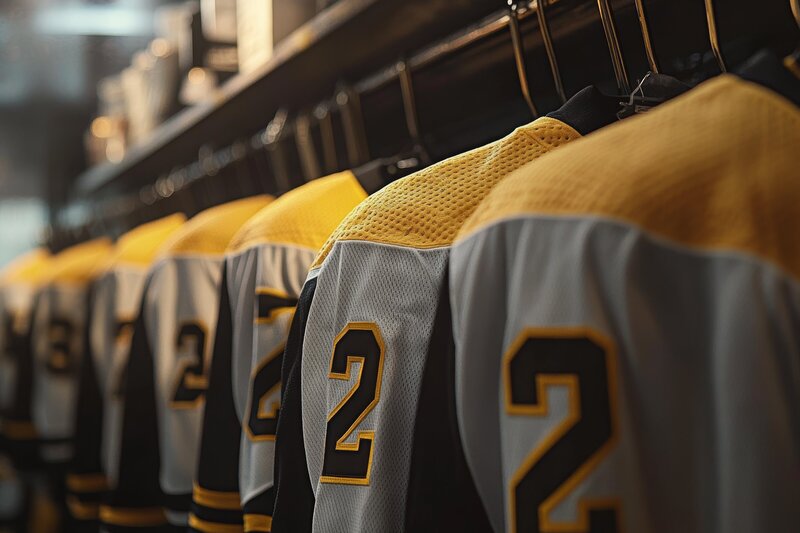 Close-up of Hockey Jerseys Hanging in Changing Room