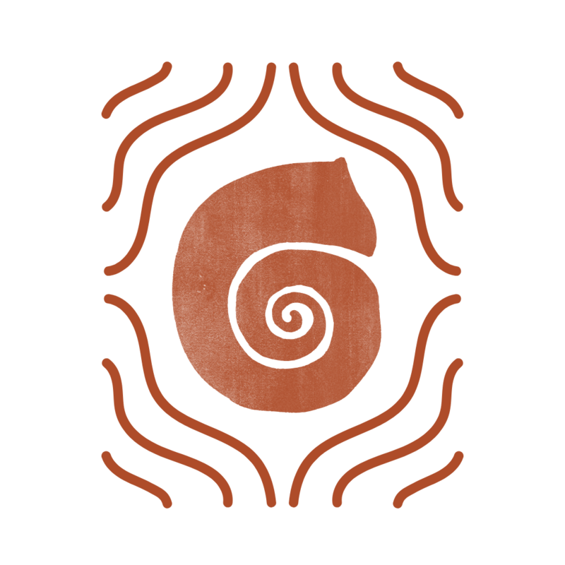 Artwork of spiral seashell surrounded by waves
