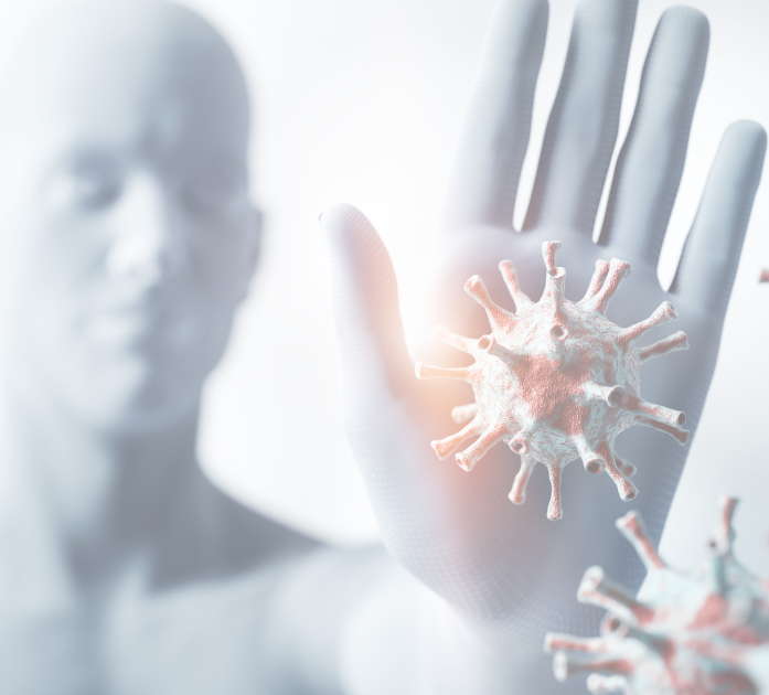 CGI figure blocking virus, representing immunity support benefits of Immunity Blend IV Vitamin Therapy at Refined Medical NY in East Setauket, Long Island.