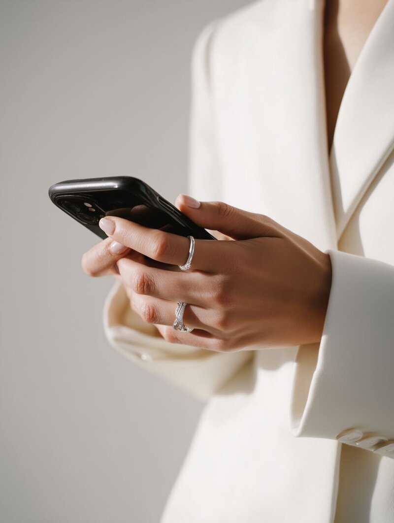 Close-up of a person in an ivory blazer holding a smartphone with silver rings on their fingers
