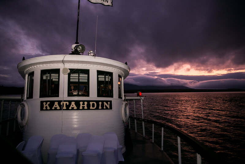 Top of Katahdin boat with sunset in the background | Wedding Photography