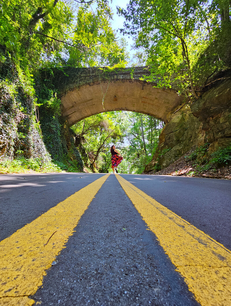 the yellow lines of a road leading up to an overgrown bridge and a girl in a colorful skirt underneath for an about the owner of socialfizz