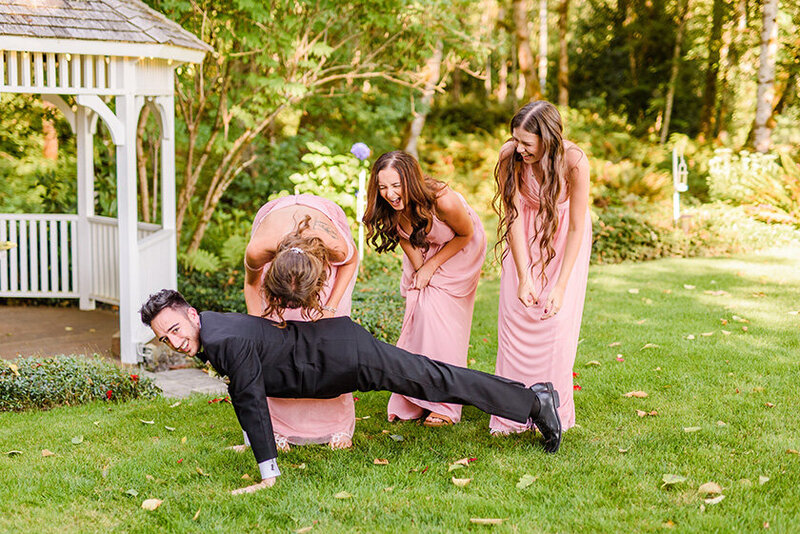 Bridal party laughing at groom at Seattle Wedding Ceremony