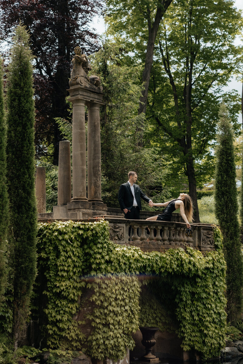 Editorial engagement portraits featuring romantic outdoor styling.