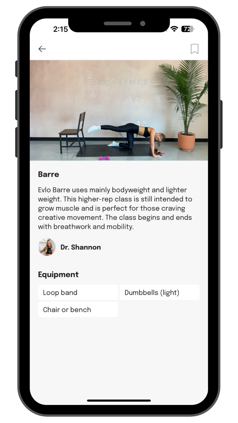 Barre screenshot from the Evlo App