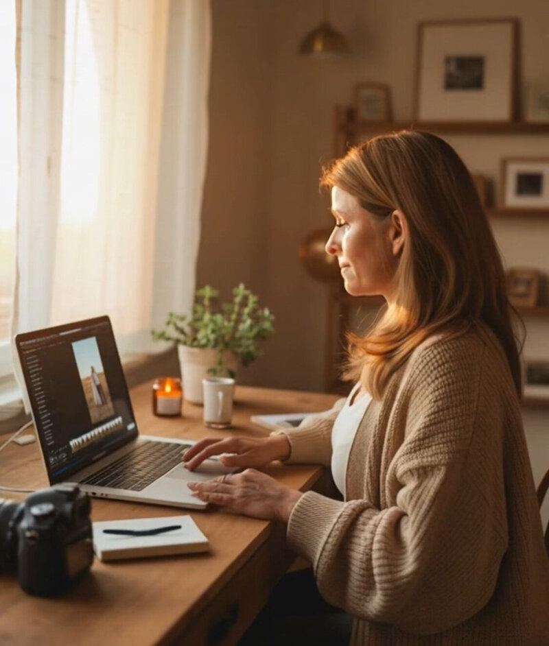 Photographer learning AI visibility strategy using laptop and notebook
