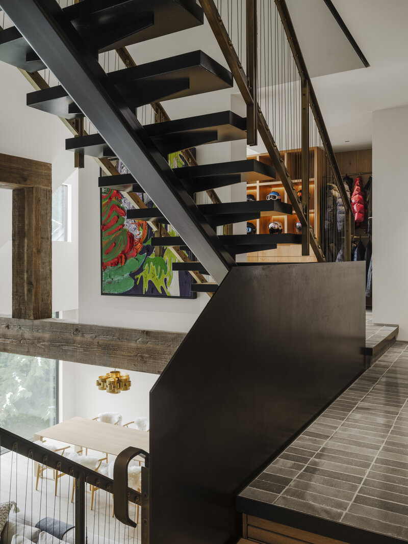 Steel staircase detail for modern cabin in Whistler