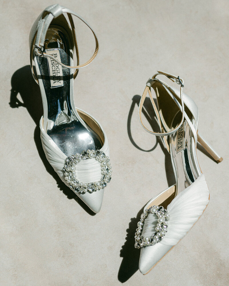 badgley mischka wedding shoe detail during wedding day at Edgewood Lake Tahoe.