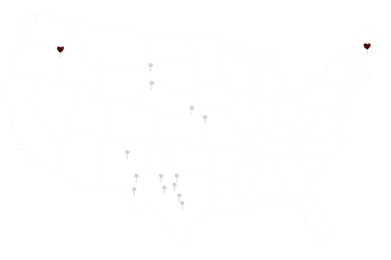 Outlined Map of the United States with heart shape markers on Augusta, Maine location and Halfway,Oregon Location showing the two locations called home