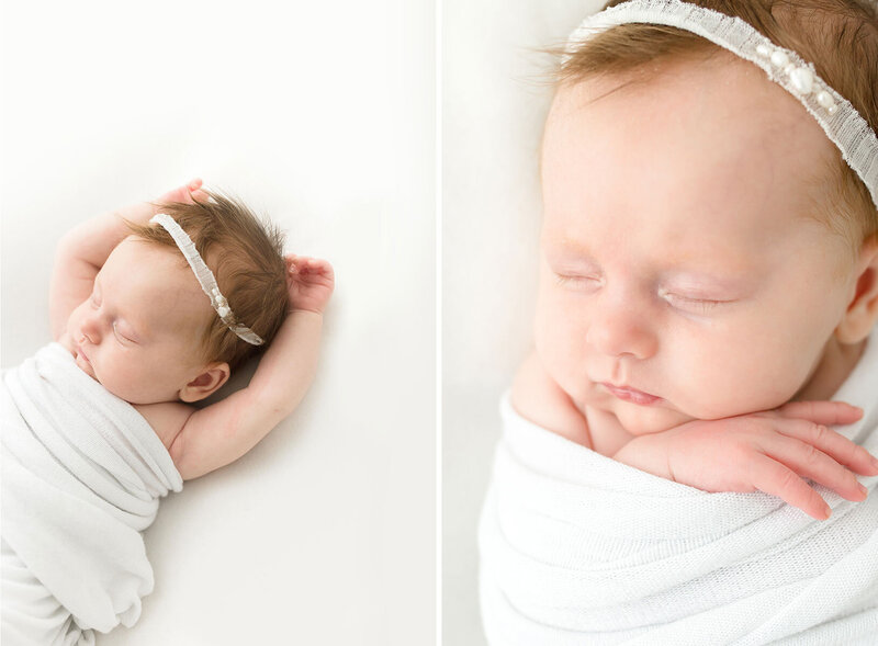 Bei dem Neugeborenen Shooting Bielefeld entstanden diese zwei Babyfotos dieses schlafenden rothaarigen Babys im weißen Deckchen.