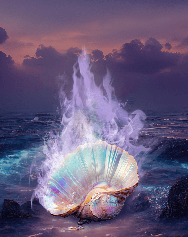 Iridescent seashell with violet flames on a beach that sun is setting